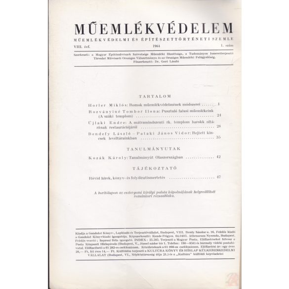 MŰEMLÉKVÉDELEM - VIII. évf., 1964/1.