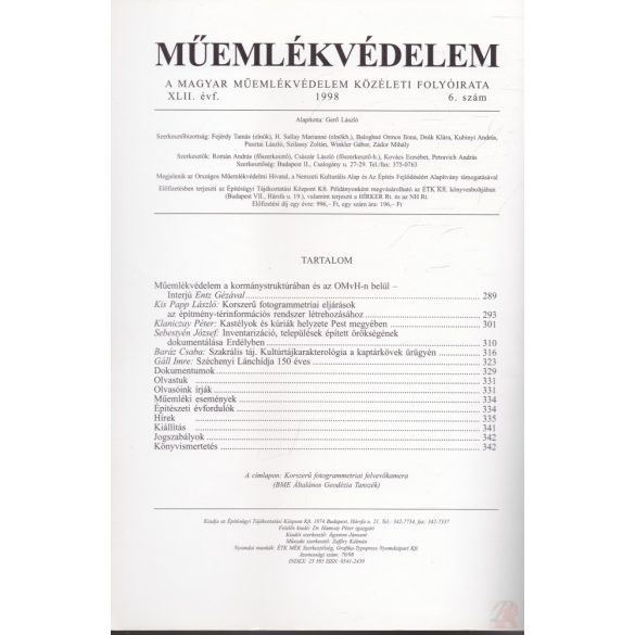MŰEMLÉKVÉDELEM - XLII. évf., 1998/6.