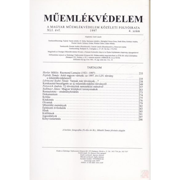 MŰEMLÉKVÉDELEM - XLI. évf., 1997/4.