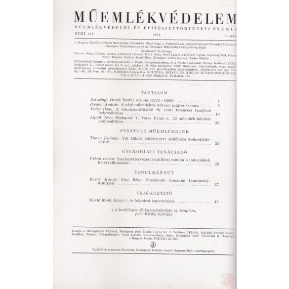 MŰEMLÉKVÉDELEM - XVIII. évf., 1974/1.
